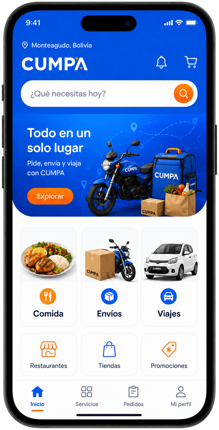 Diseño conceptual de la aplicación CUMPA con opciones de comida, envíos y viajes